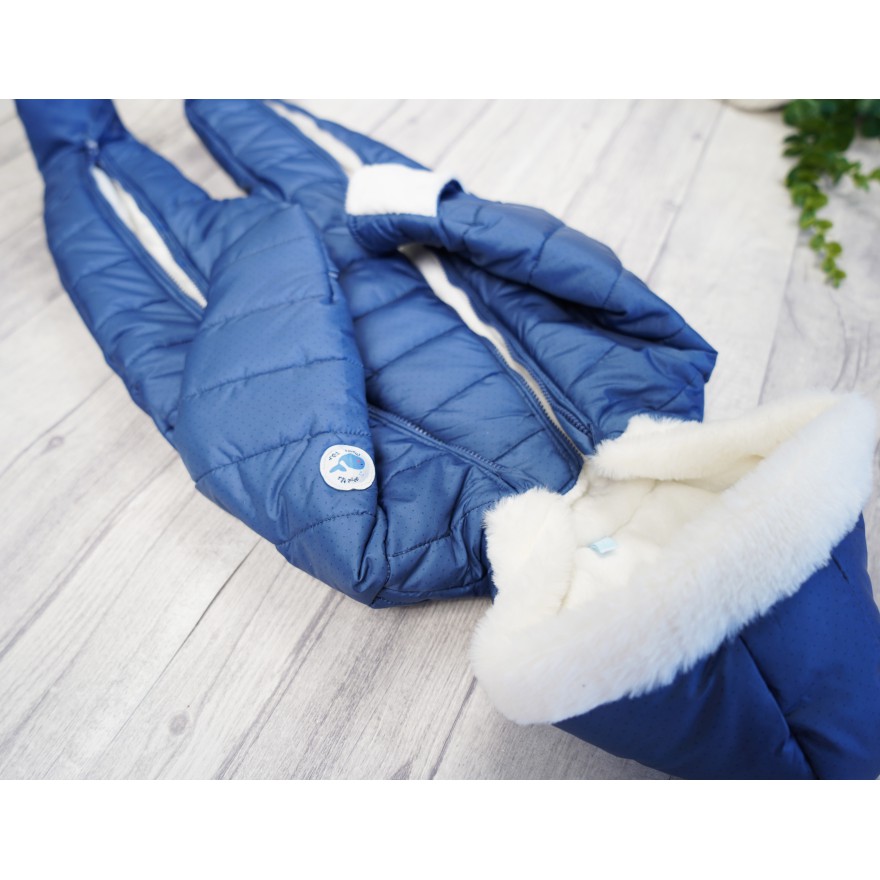 Granatowy KOMBINEZON w kropeczki pikowany na futerku 2 suwaki ZIMA