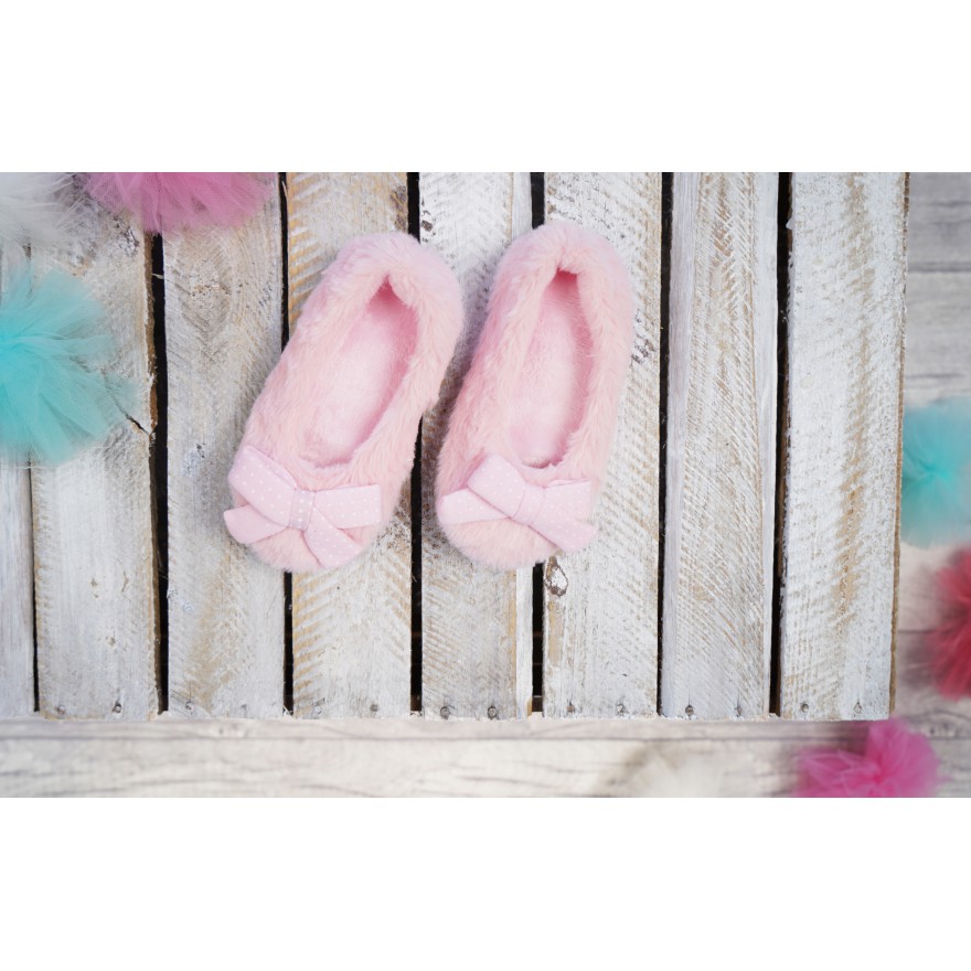 Różowe KAPCIE BALERINY z kokardą ciepłe miękkie ciapy