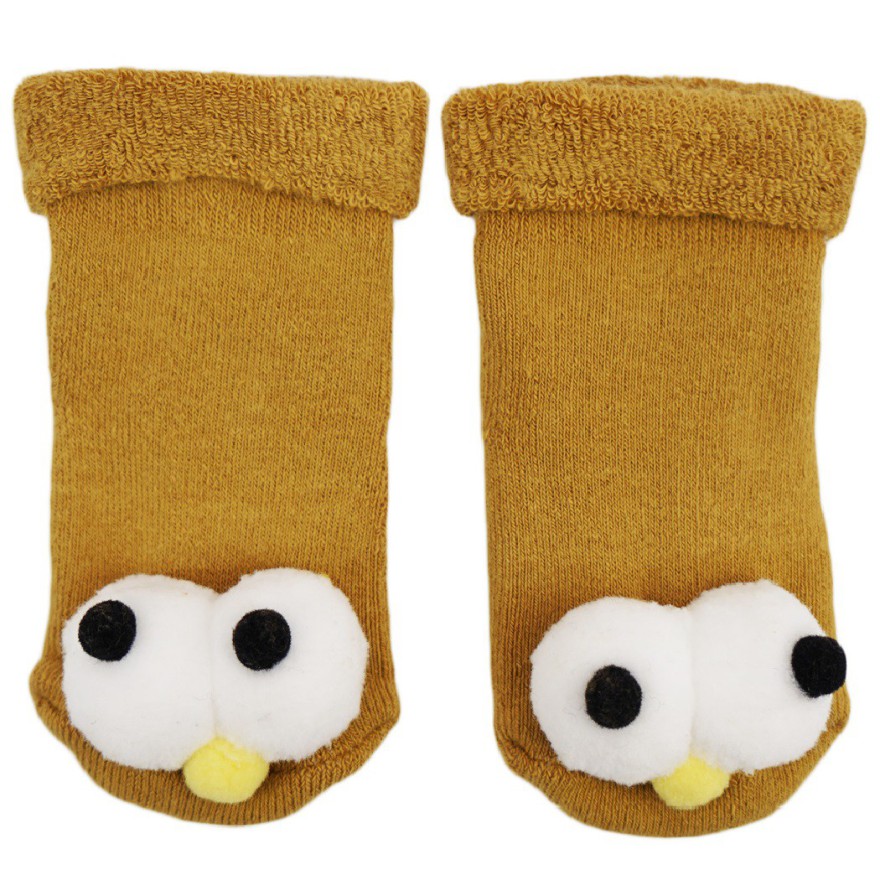 Musztardowe SKARPETY frotte 3D niemowlęce skarpetki z oczami i noskiem