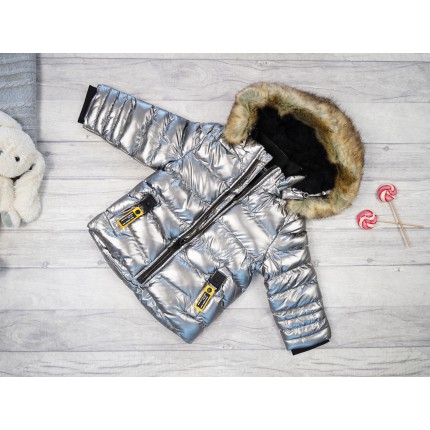 Srebrna KURTKA METALIK pikowana na futerku ZIMA