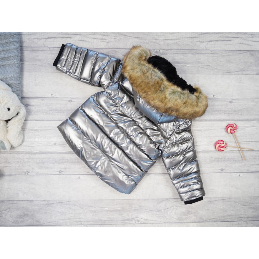 Srebrna KURTKA METALIK  pikowana na futerku ZIMA