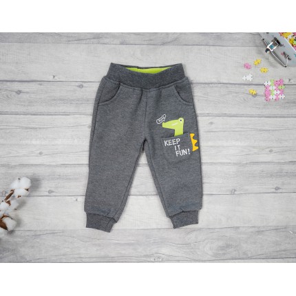 Szare SPODNIE ocieplane zielony DINO chłopięce spodenki dresowe