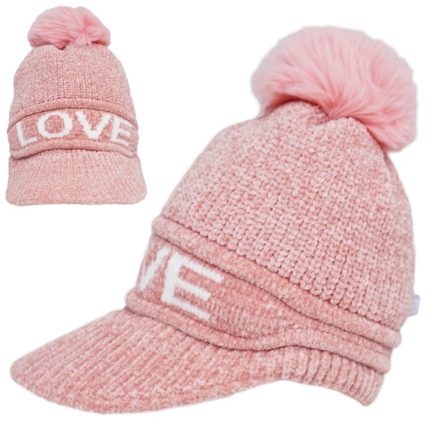 Różowa CZAPKA LOVE z daszkiem i pomponem zimowa ELA