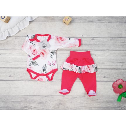 Malinowy komplet 2cz NADIA body + półśpiochy z falbanką w kwiaty