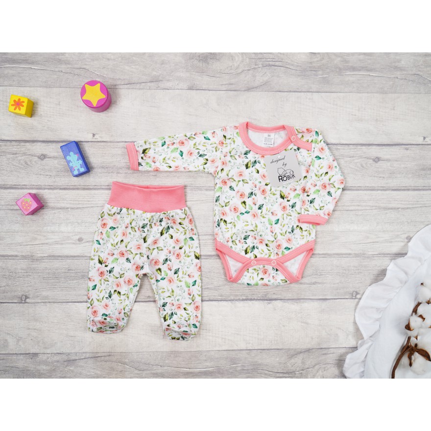 Komplet 2cz body + półśpiochy róż wz. róże zielone liście