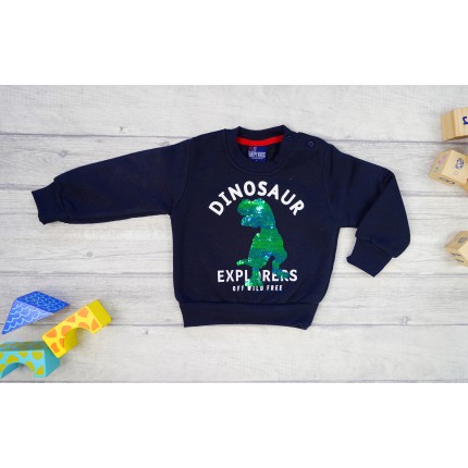 Granatowa BLUZA chłopięca dresowa DINOSAUR z cekinami