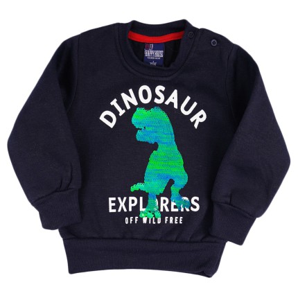 Granatowa BLUZA chłopięca dresowa DINOSAUR z cekinami