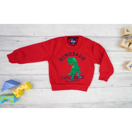 Czerwona BLUZA chłopięca dresowa DINOSAUR z cekinami
