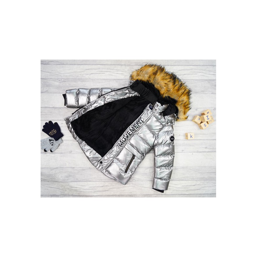 Srebrna KURTKA metalik MOVEMENT pikowana na futerku ZIMA