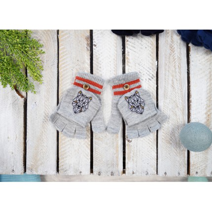 Szare rękawiczki chłopięce WILK z kapturkiem RK-21