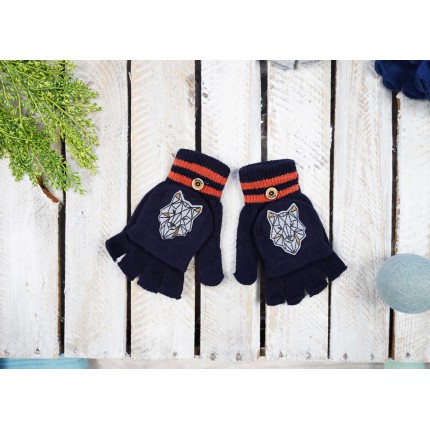 Granatowe rękawiczki chłopięce WILK z kapturkiem RK-20