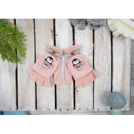 Różowe rękawiczki dziewczęce PINGWIN z kapturkiem RK-23