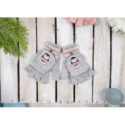 Szare rękawiczki dziewczęce PINGWIN z kapturkiem RK-24