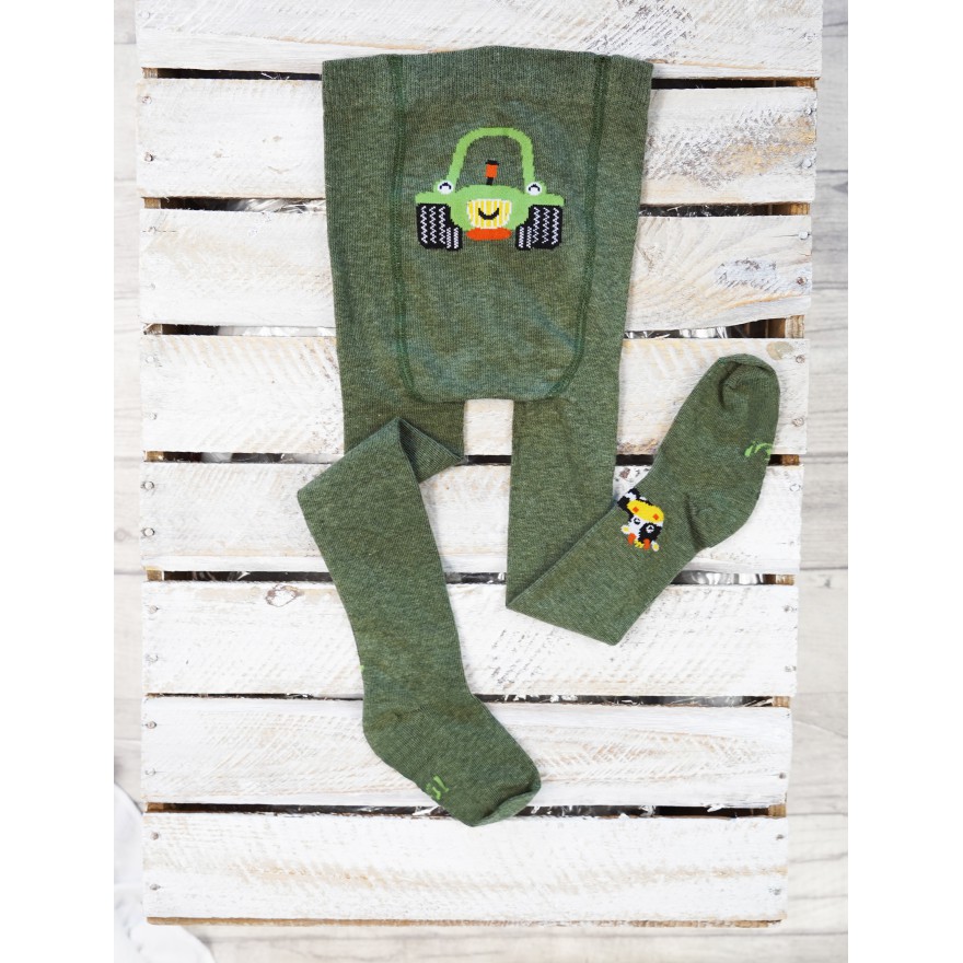 RAJSTOPY bawełniane khaki z zielonym traktorem wzór 478