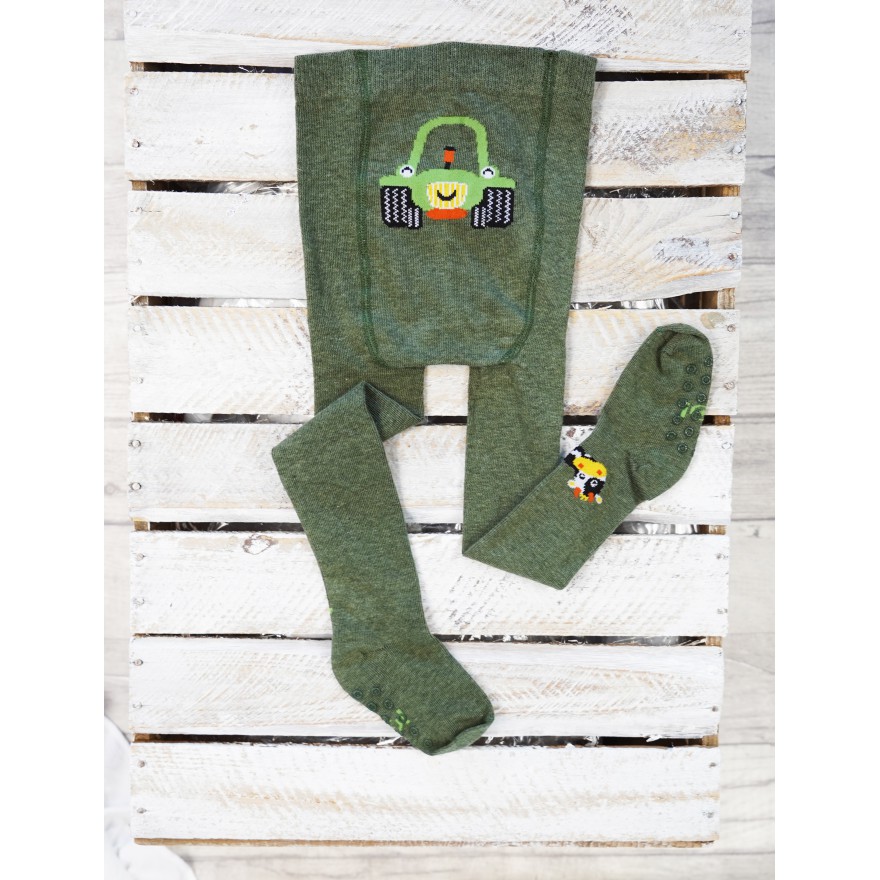 RAJSTOPY z ABS khaki z zielonym traktorem wzór 478