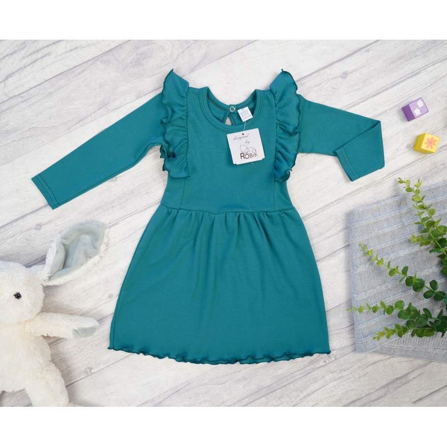 Butelkowa zieleń SUKIENKA gładka z falbanką długi rękaw święta