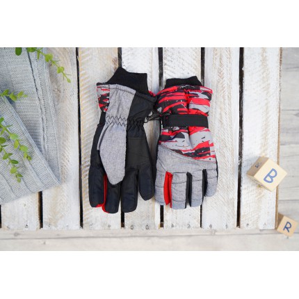 Szaro- czerwone rękawiczki nieprzemakalne chłopiece 5P 16cm RK-30