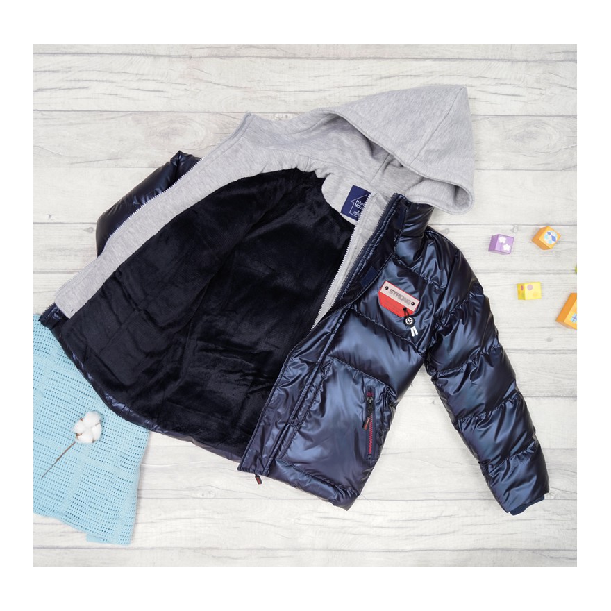 Granatowa KURTKA metalik STRONG szary kaptur na futerku ZIMA