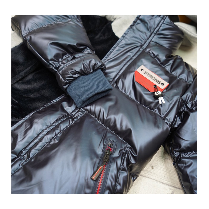 Granatowa KURTKA metalik STRONG szary kaptur na futerku ZIMA