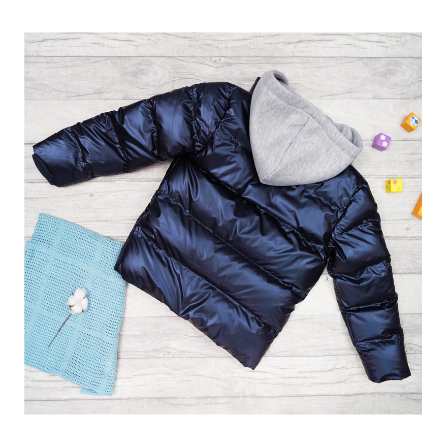 Granatowa KURTKA metalik STRONG szary kaptur na futerku ZIMA