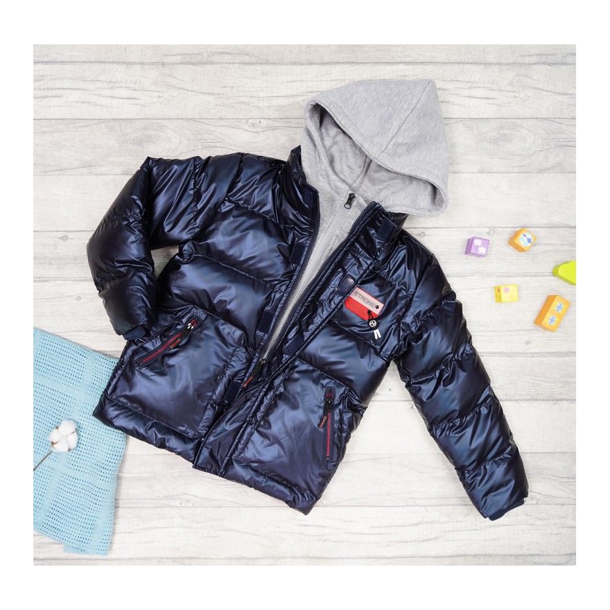 Granatowa KURTKA metalik STRONG szary kaptur na futerku ZIMA