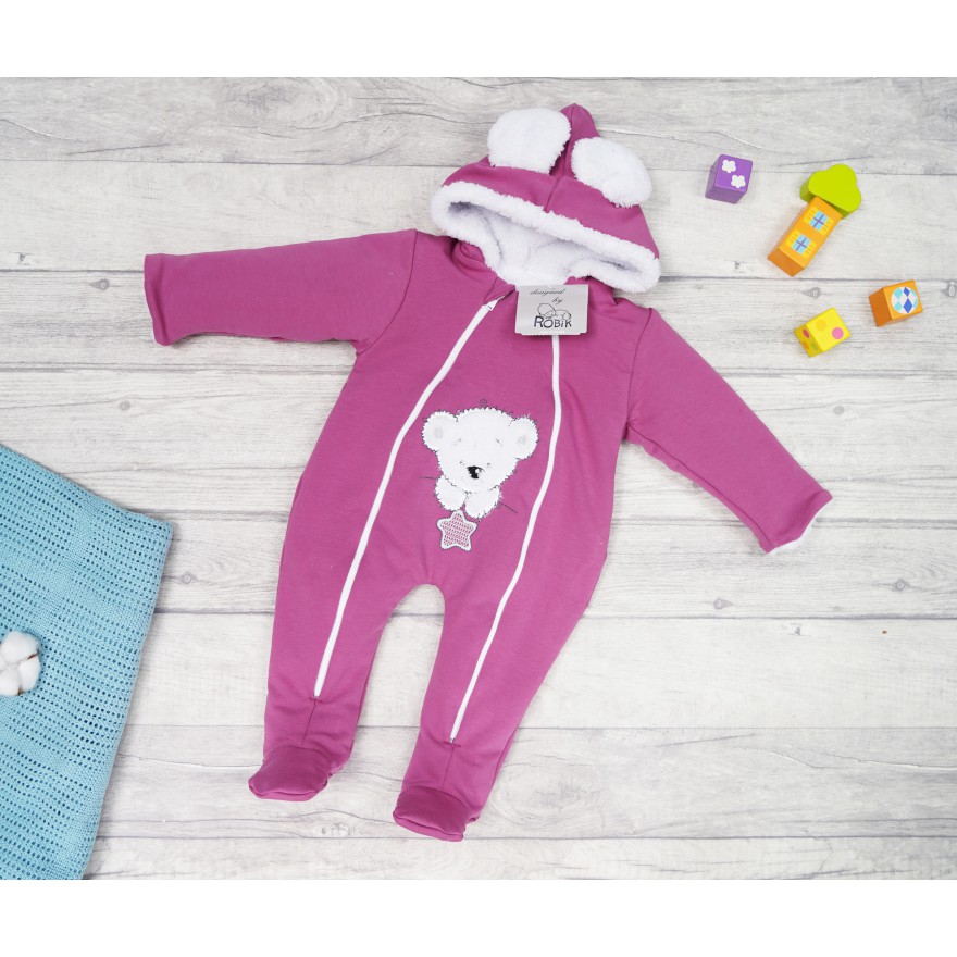 Wrzosowy KOMBINEZON na futerku dresowy z misiem