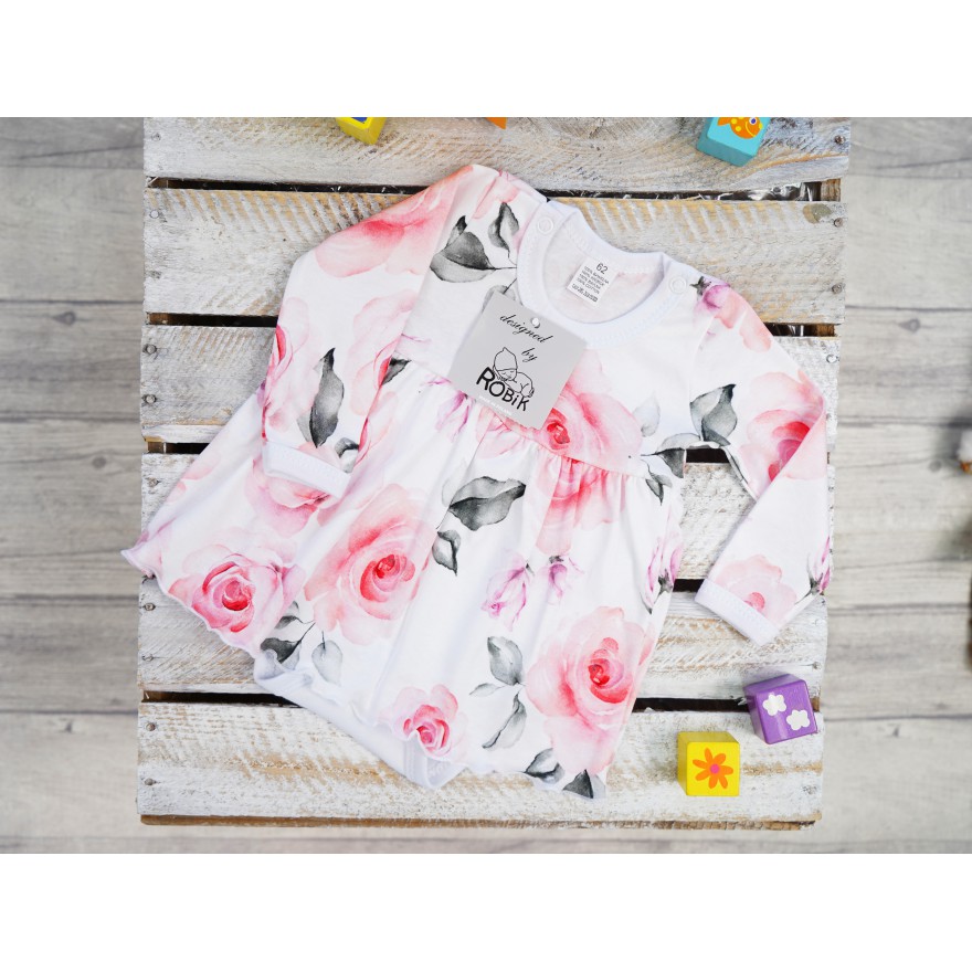 BODY SUKIENKA biała w róże szare liście w. 379 długi rękaw