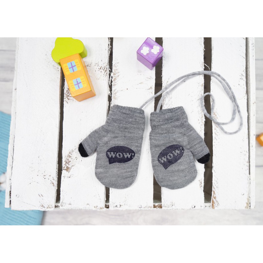 Szare RĘKAWICZKI ocieplane 1P na sznurku WOW RK-41