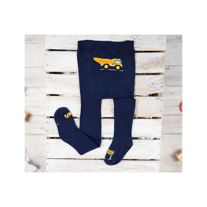 RAJSTOPY bawełniane granatowe z żółtą ciężarówką wzór 509