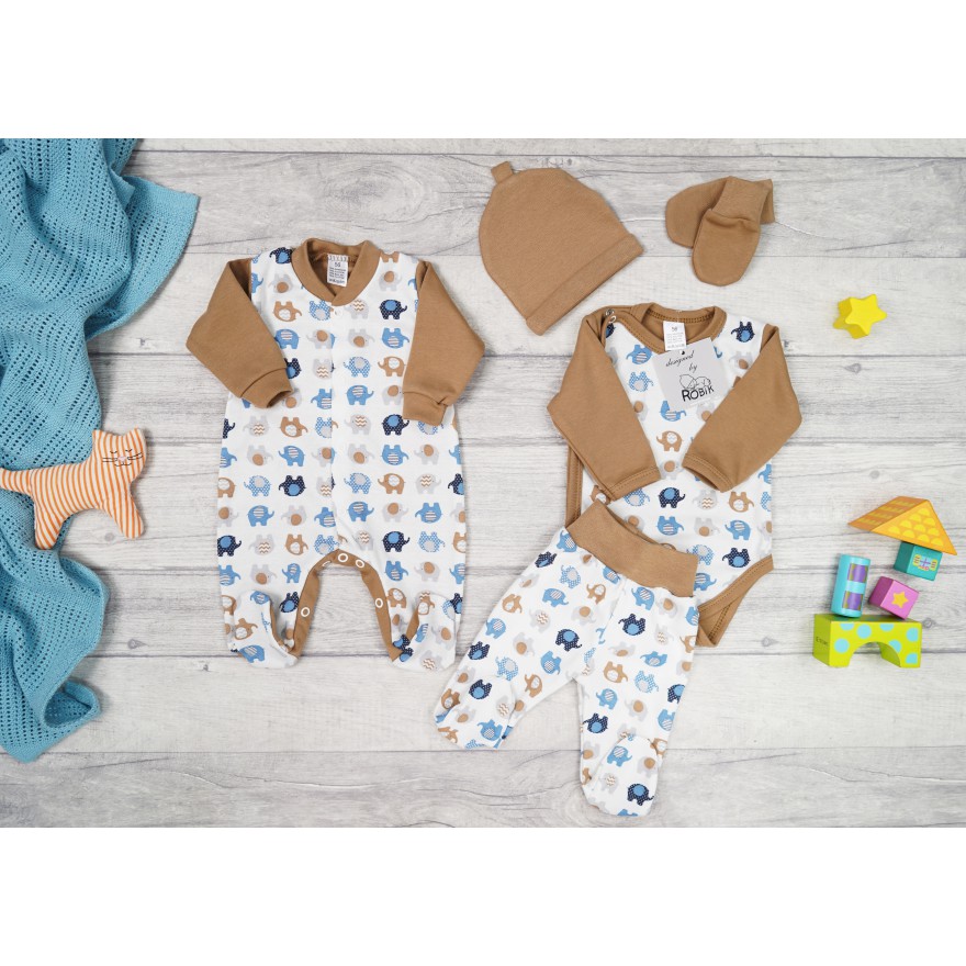 WYPRAWKA dla noworodka do szpitala 5 części beżowa w słoniki 145b