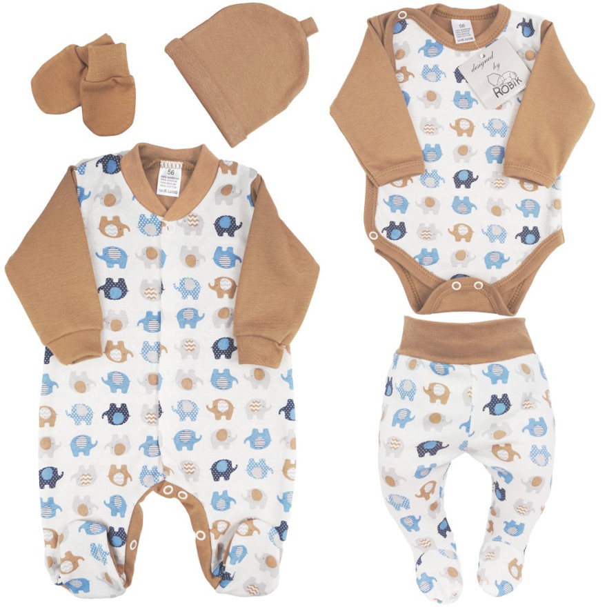 WYPRAWKA dla noworodka do szpitala 5 części beżowa w słoniki 145b