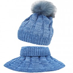 Niebieski KOMPLET zimowy dziewiarski czapka z pomponem + komin- golf