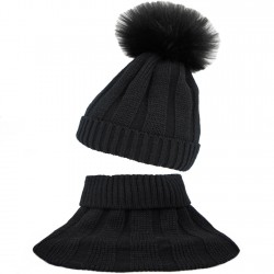 Czarny KOMPLET zimowy dziewiarski czapka z pomponem + komin- golf