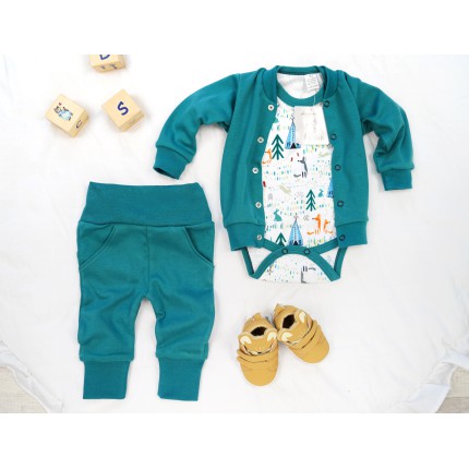 Komplet 3cz body + spodnie + bomberka butelkowy LAS