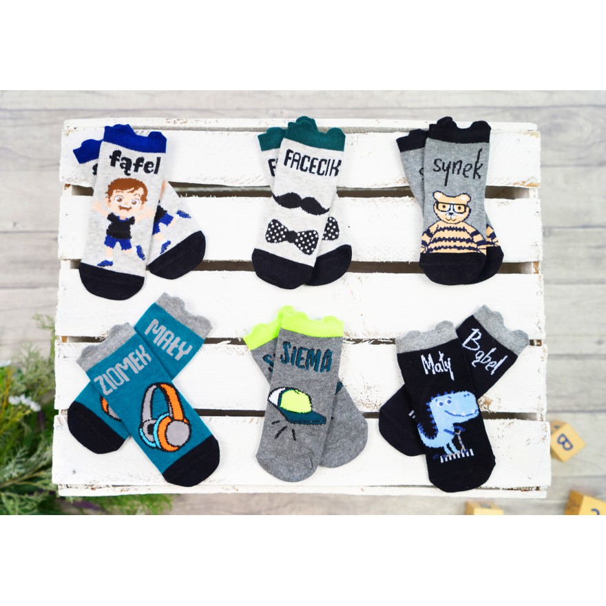 6 PAK SKARPETKI skarpety chłopięce z napisami i uszami 3D