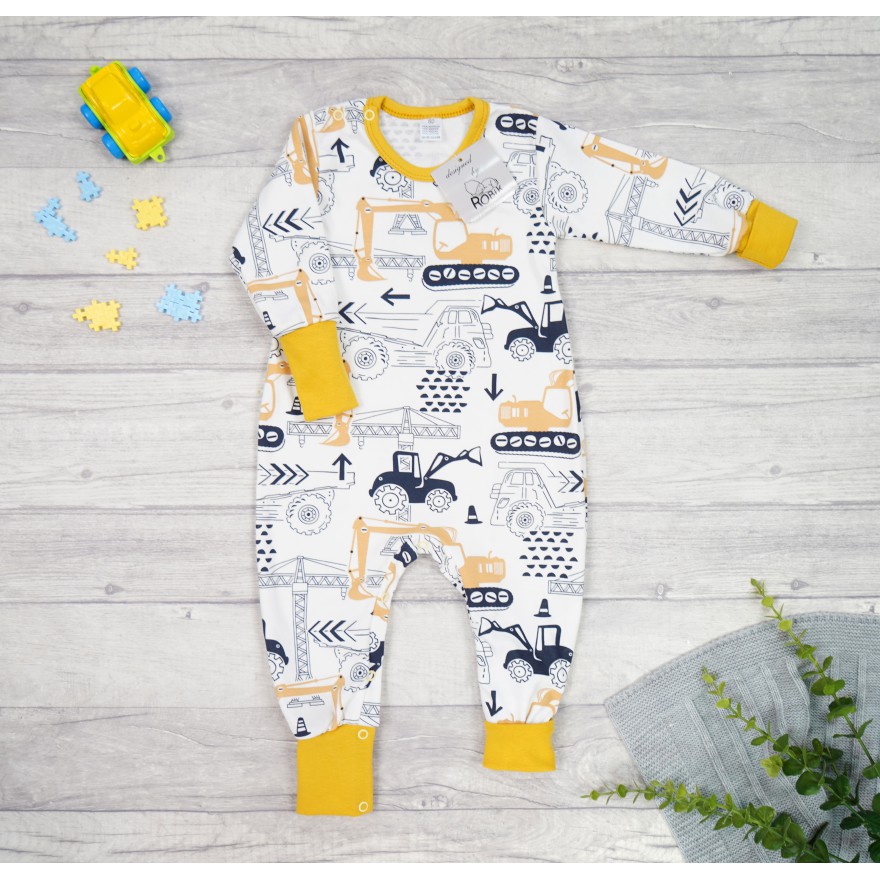 Pajac bez stópek RAMPERS musztarda w koparki pajacyk rosnący 386m