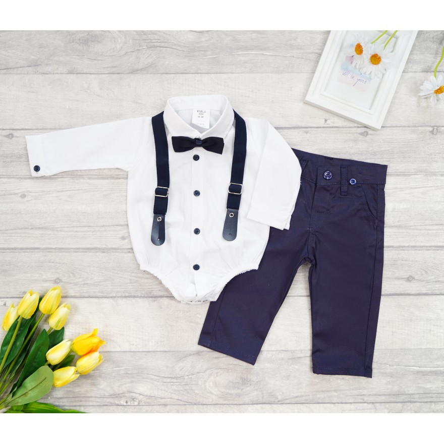 KOMPLET DLA CHŁOPCA biała body- koszula, spodnie, muszka, szelki