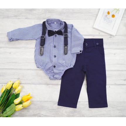 KOMPLET DLA CHŁOPCA body- koszula w kratkę, spodnie, muszka, szelki