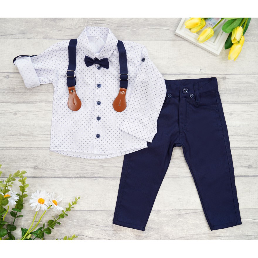 KOMPLET DLA CHŁOPCA biała koszula we wzory, spodnie, muszka, szelki