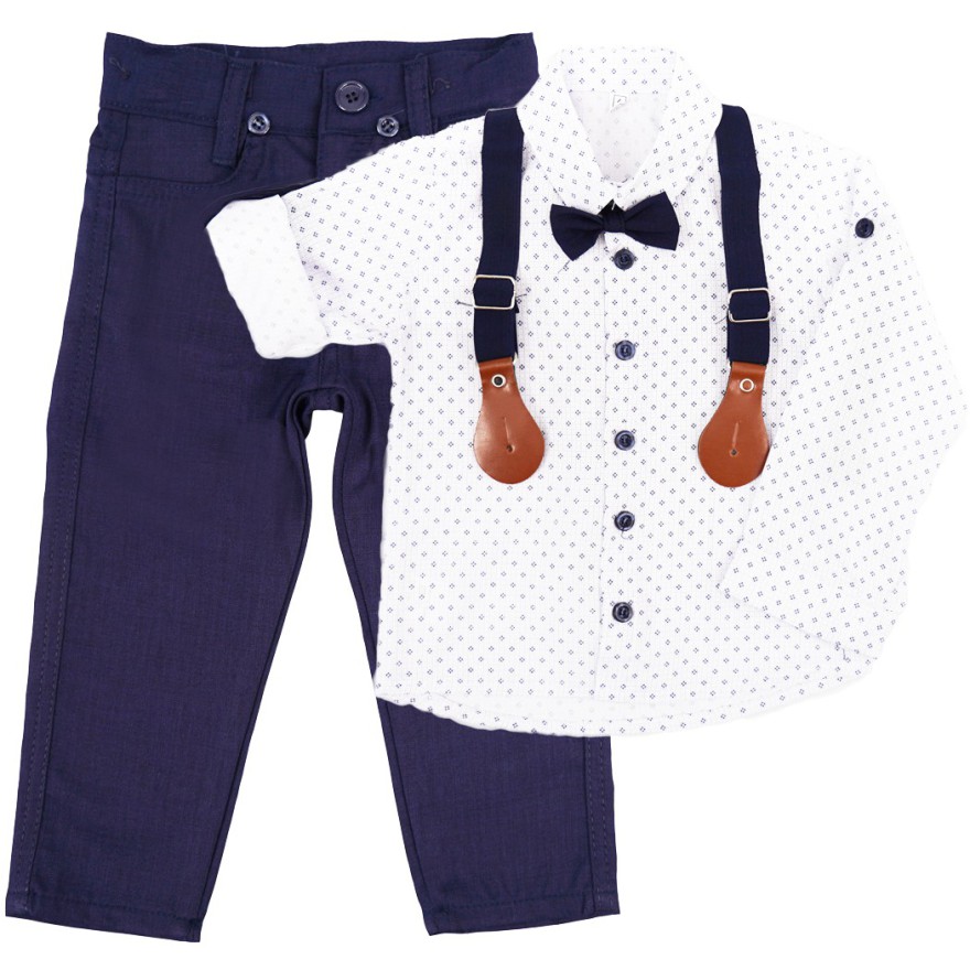 KOMPLET DLA CHŁOPCA biała koszula we wzory, spodnie, muszka, szelki