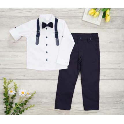 KOMPLET DLA CHŁOPCA biała koszula, spodnie, muszka, szelki
