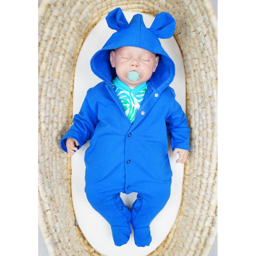 Niebieski KOMBINEZON niemowlęcy dresówka pajac z uszkami wiosna lato