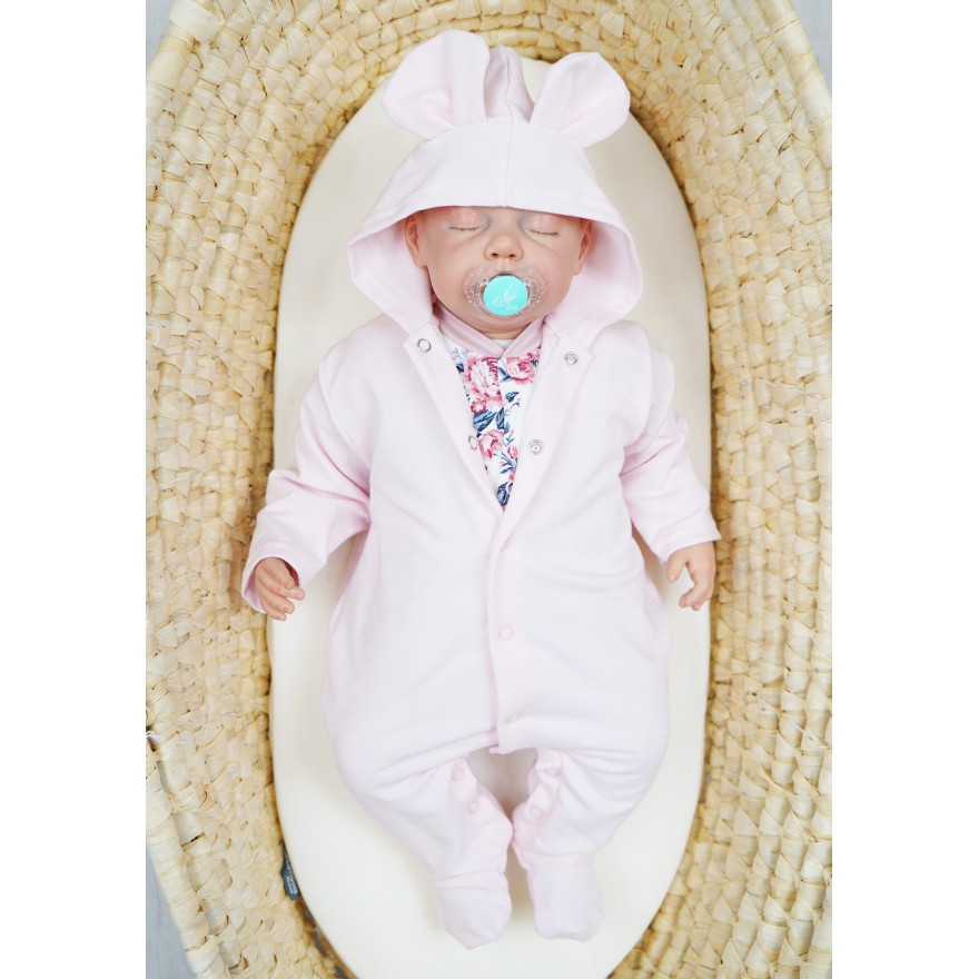 Jasny różowy KOMBINEZON niemowlęcy dresówka pajac z uszkami wiosna lato