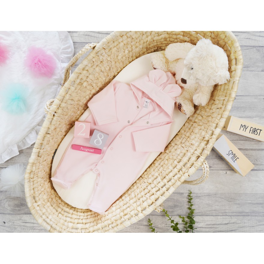 Jasny różowy KOMBINEZON niemowlęcy dresówka pajac z uszkami wiosna lato