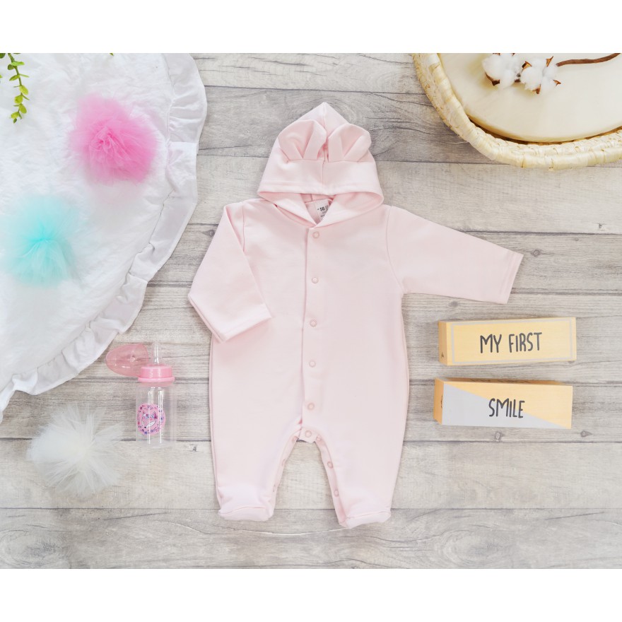 Jasny różowy KOMBINEZON niemowlęcy dresówka pajac z uszkami wiosna lato