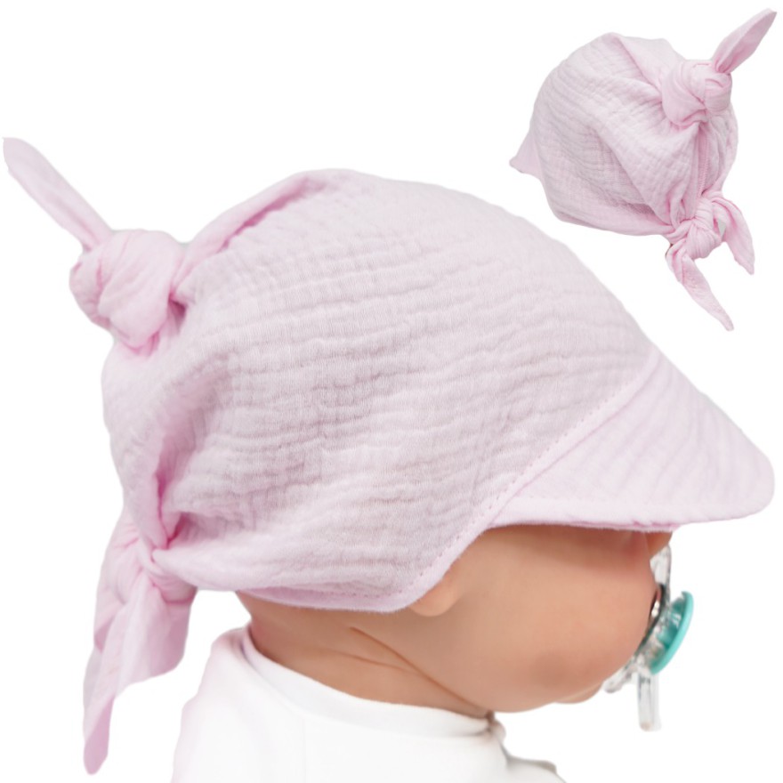 Czapka CHUSTA muślinowa jasny róż z daszkiem wiązana LATO