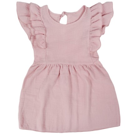 Różowa SUKIENKA MUŚLINOWA krótki rękaw z falbanką