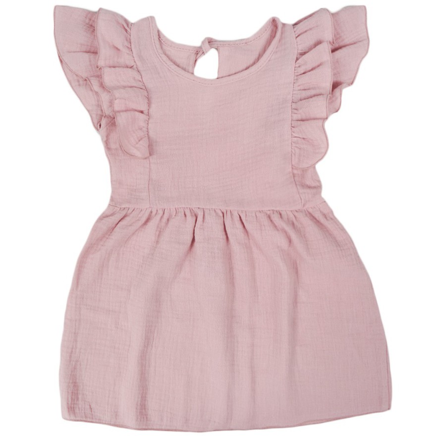 Różowa SUKIENKA MUŚLINOWA krótki rękaw z falbanką