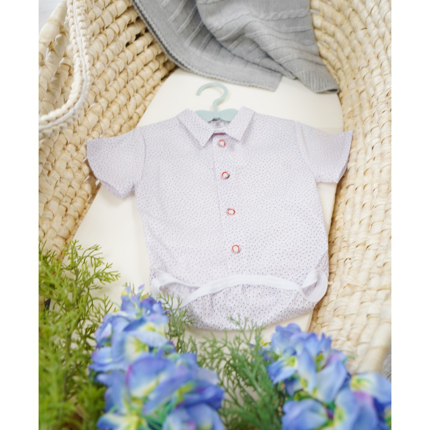 Białe BODY KOSZULA z kołnierzykiem we wzorki krótki rękaw