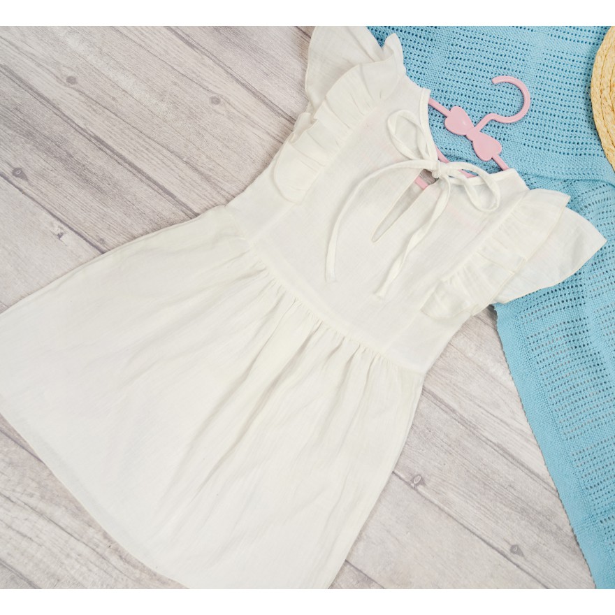 Śmietankowa SUKIENKA MUŚLINOWA krótki rękaw z falbanką